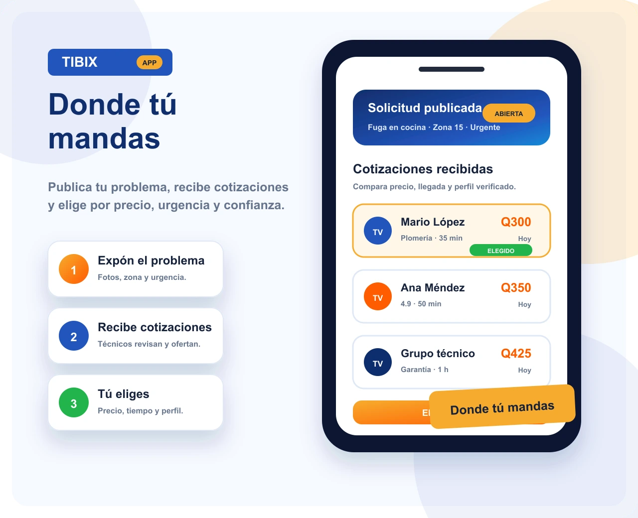 Flujo de Tibix para publicar una solicitud, recibir cotizaciones y elegir técnico.