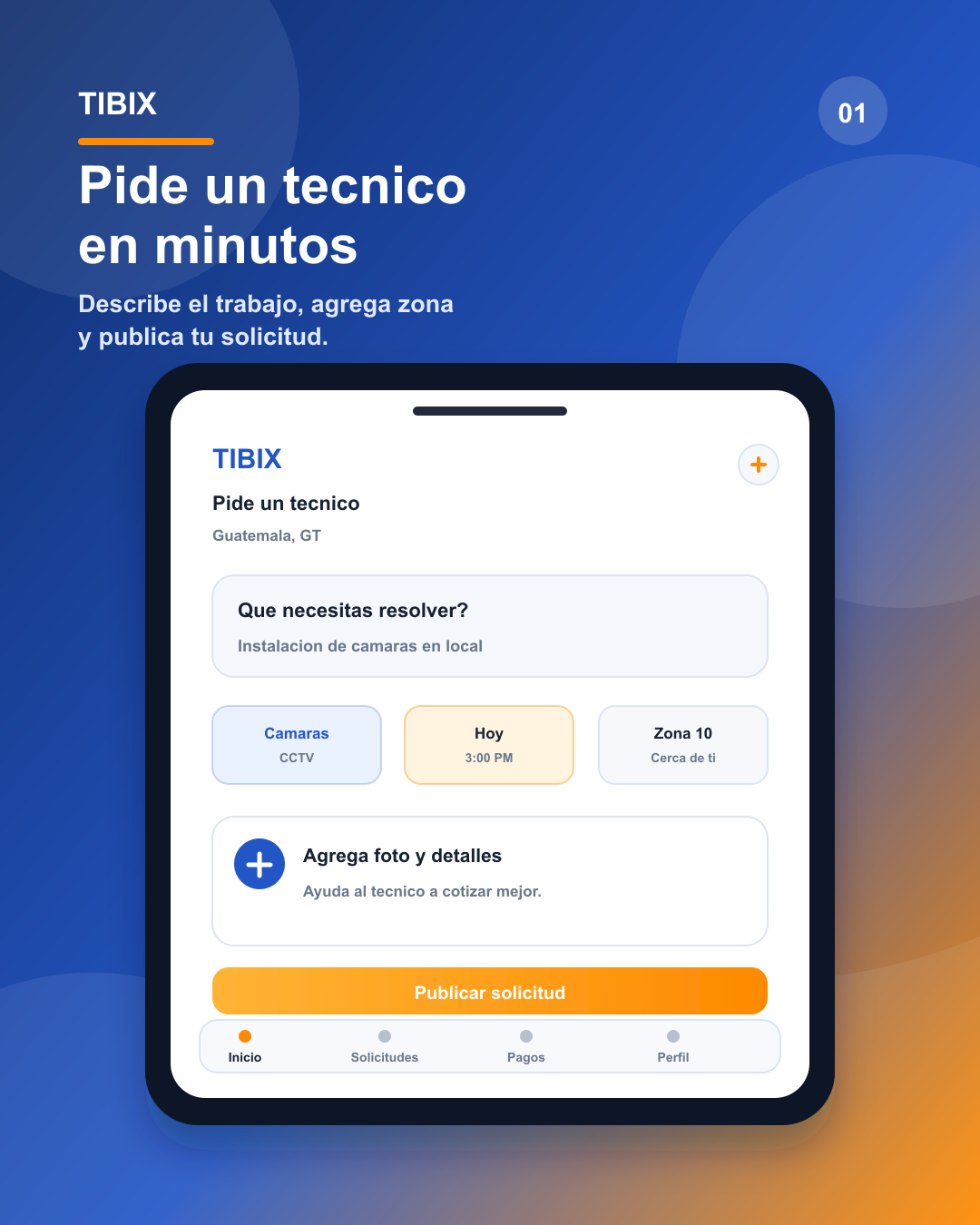 Pantalla Tibix para publicar una solicitud de servicio en Guatemala.