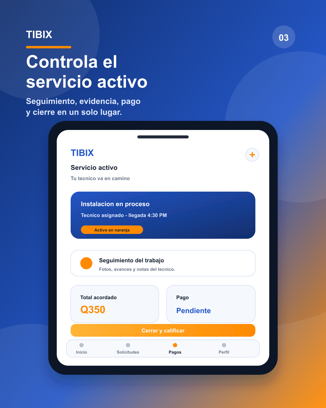 Pantalla Tibix con un servicio activo resaltado en naranja y estado de pago.