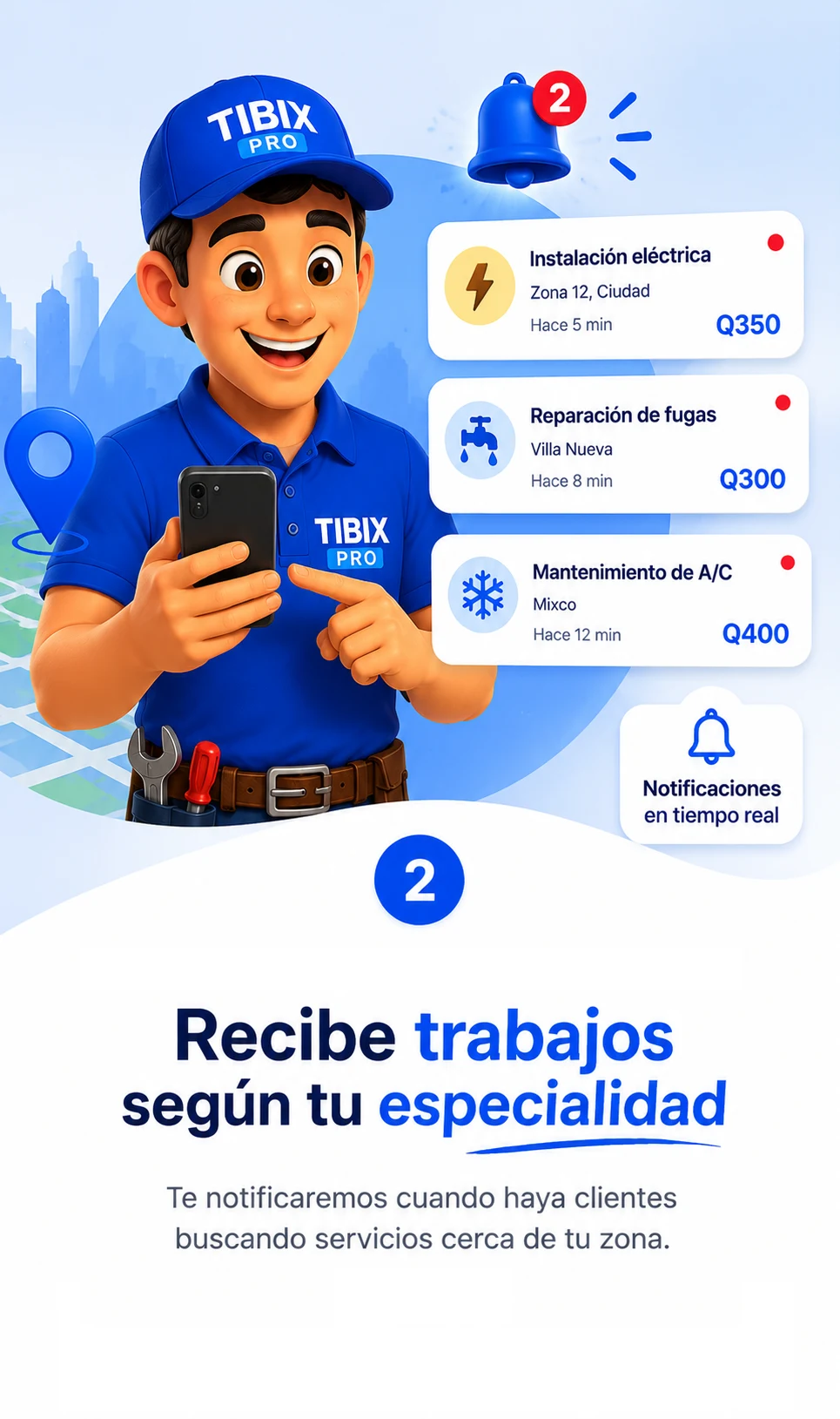 Pantalla de bienvenida de Tibix Pro sobre trabajos según especialidad.