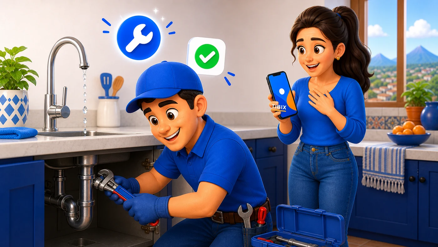 Técnico verificado repara un chorro mientras la cliente da seguimiento con Tibix.